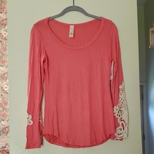 Pink Lily Coral All I Need Lace Sleeve Blouse